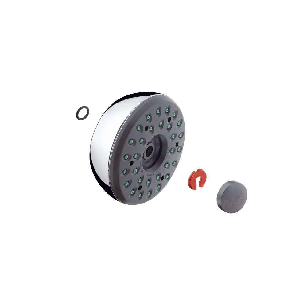 Chromfarbener Strahlkörper von Hansgrohe mit grünen Düsen, O-Ring, rotem Kunststoffbauteil und grauem Deckel. Ideal für die Verwendung in Duschsystemen.