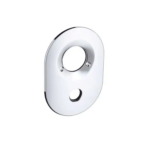 Weißes Rosettenelement von Hansgrohe, oval geformt mit zwei Durchbrüchen, als Abdeckung für einen Unterputz-Wannenmischer.
