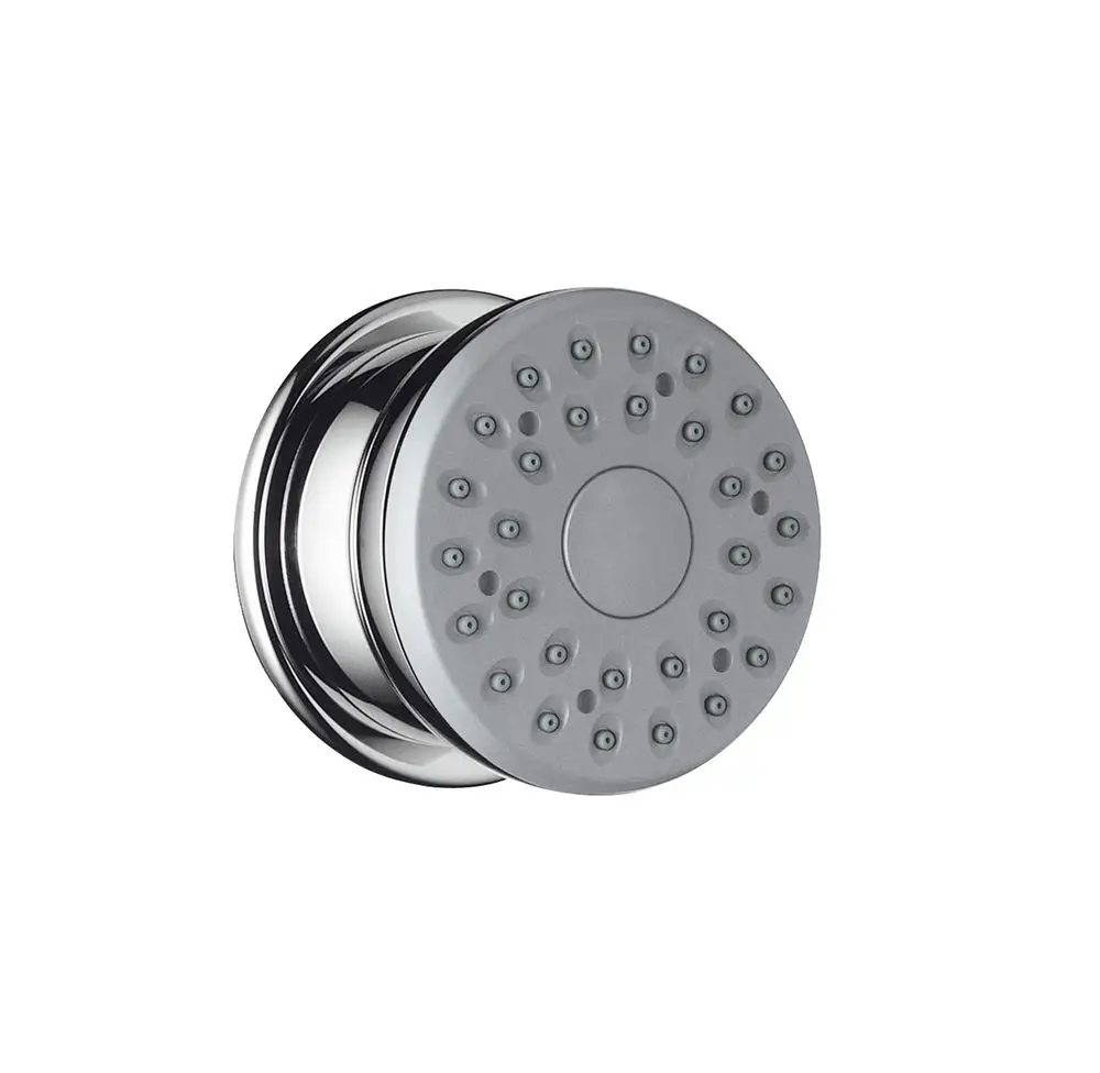Kreisförmige Duschbrause mit mehreren kleinen Düsen und einem Chrom-Finish, montiert an einer Wand, Produkt von Hansgrohe.