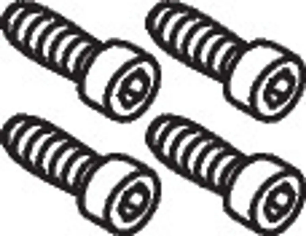 Vier Zylinderschrauben von Hansgrohe in einer schematischen Darstellung. Die Schrauben haben ein gewinde und einen flachen Kopf.