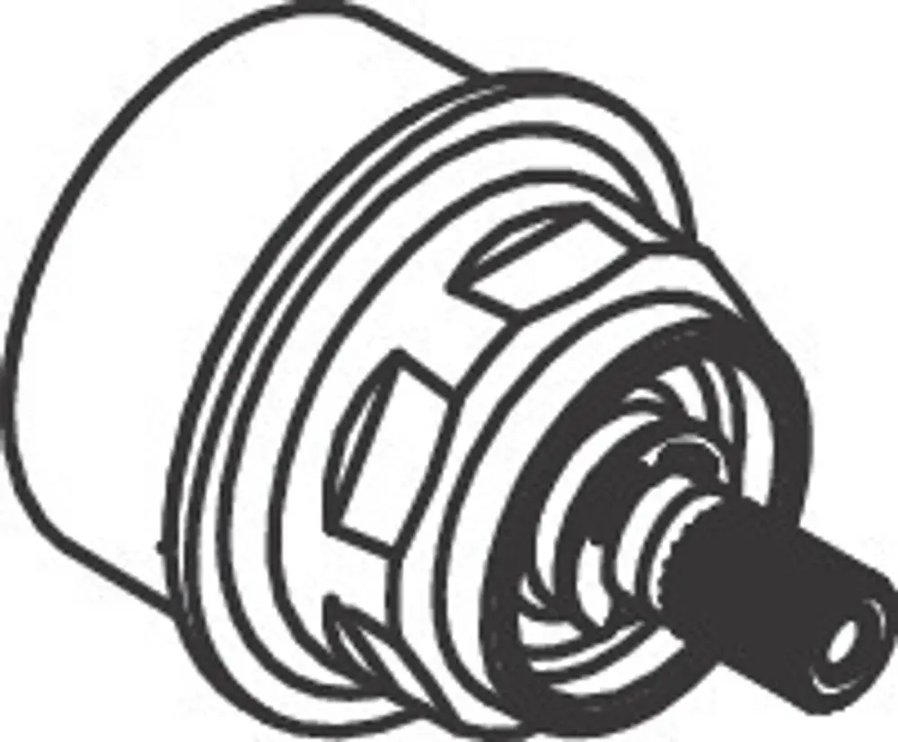 Detailansicht einer chromfarbenen Mutter, die zu einer Armatur von Hansgrohe gehört. Die offene Seite zeigt eine zentrale Achse und eine Verbindungsmutter.