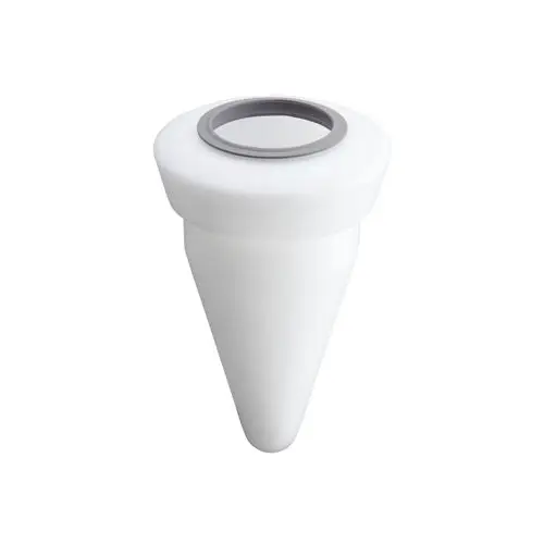 Weißer Glasbehälter mit konisch zulaufender Form und runder Öffnung, geeignet für Spender, hergestellt von Hansgrohe.