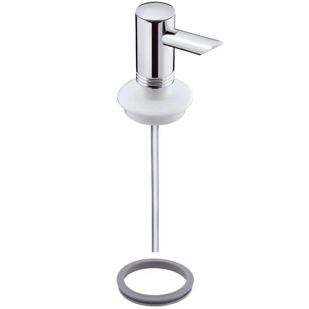 Chromfarbene Pumpe für einen Lotionenspender von Hansgrohe. Mit einem klaren, runden Zylinder und einem Hebel zum Dosieren.