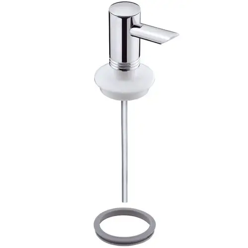 Chromfarbene Pumpe für einen Lotionenspender von Hansgrohe. Mit einem klaren, runden Zylinder und einem Hebel zum Dosieren.