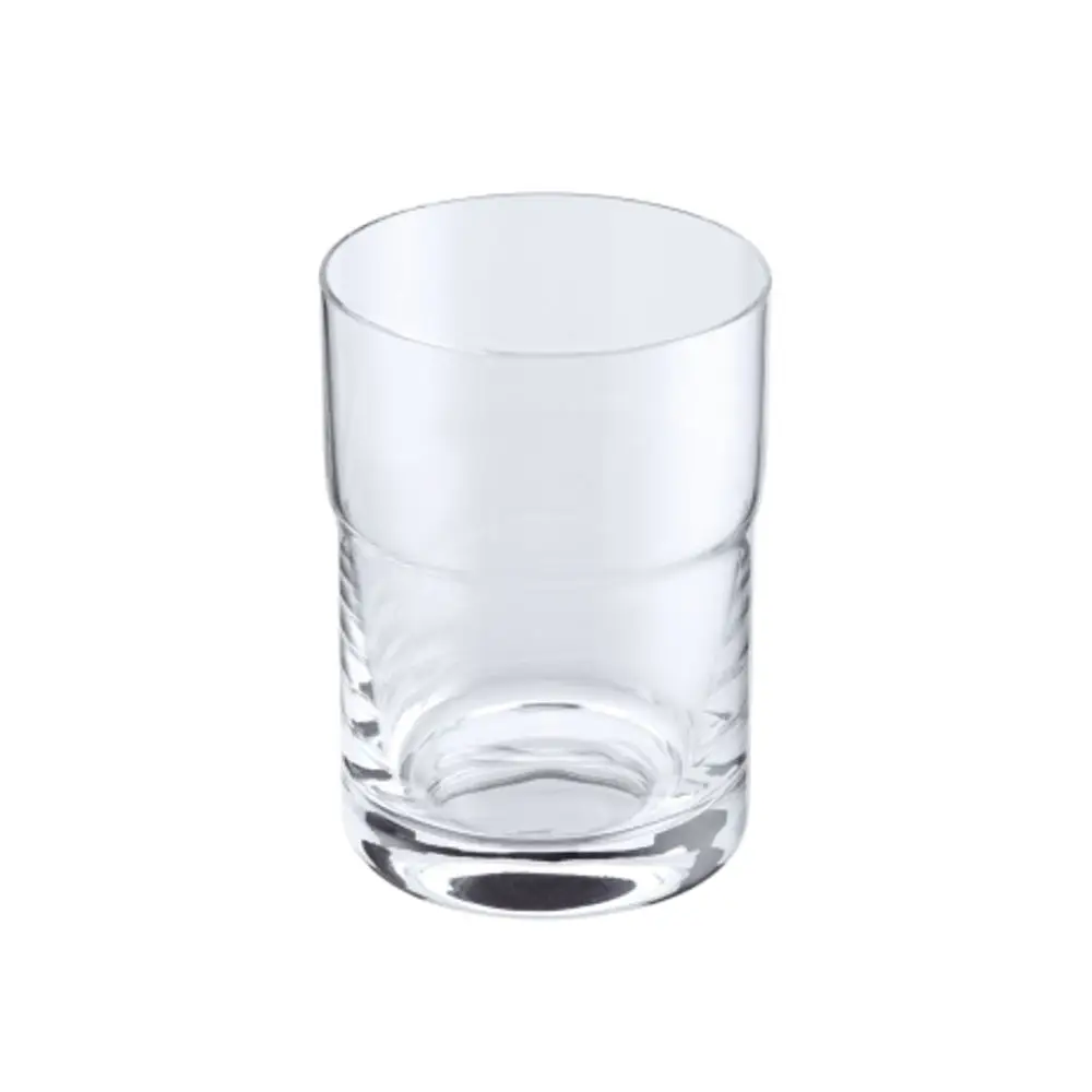 Durchsichtiger Glasbecher mit klarer Form und stabiler Basis, geeignet für verschiedene Getränke. Hansgrohe ist als Marke erkennbar.
