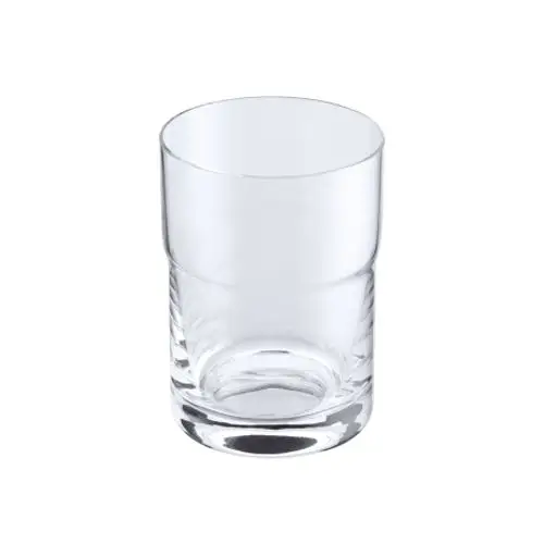 Durchsichtiger Glasbecher mit klarer Form und stabiler Basis, geeignet für verschiedene Getränke. Hansgrohe ist als Marke erkennbar.