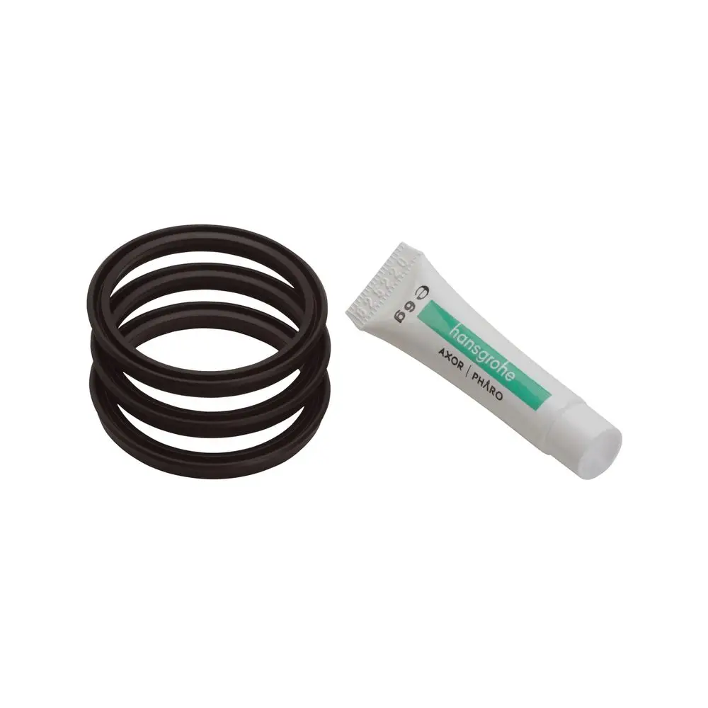 Drei schwarze Dichtungsringe und eine kleine Tube mit Dichtungsmittel der Marke Hansgrohe, geeignet für Küchenmischer.
