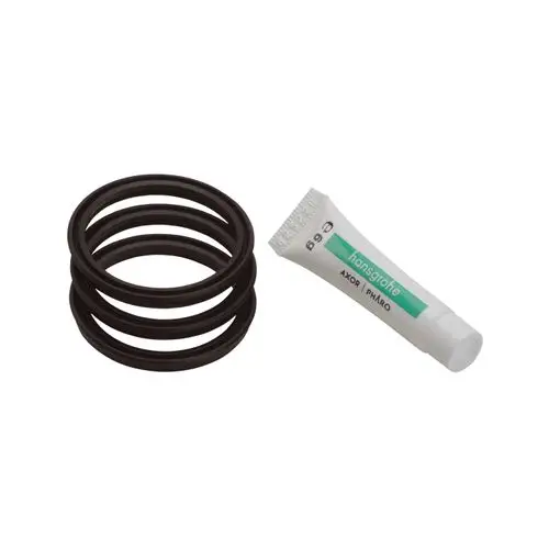 Drei schwarze Dichtungsringe und eine kleine Tube mit Dichtungsmittel der Marke Hansgrohe, geeignet für Küchenmischer.