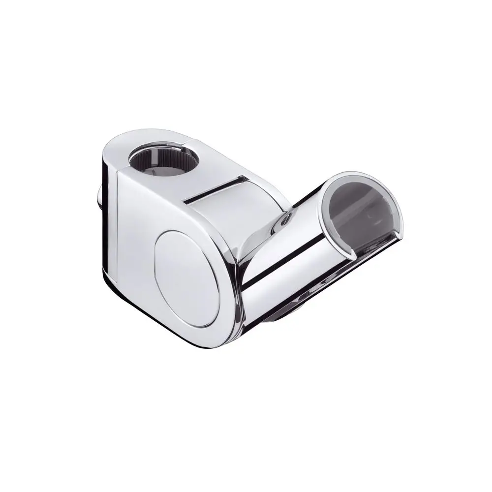 Chromfarbener Halter für eine Brausenstange von Hansgrohe. Das Design zeigt eine gebogene Öffnung und eine runde Halterung.