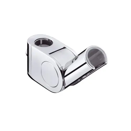 Chromfarbener Halter für eine Brausenstange von Hansgrohe. Das Design zeigt eine gebogene Öffnung und eine runde Halterung.