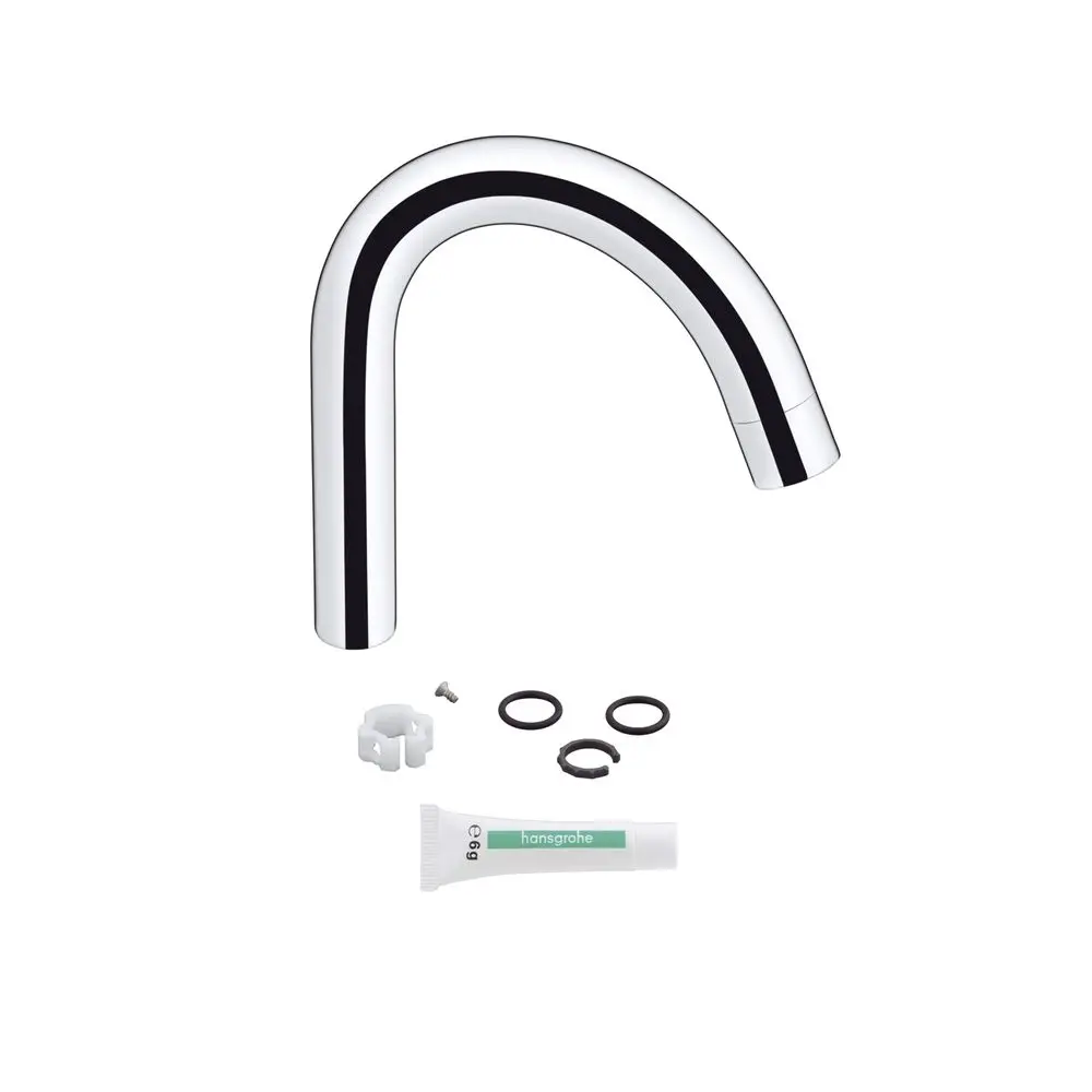 Chromfarbener Wasserhahn von Hansgrohe mit gebogenem Auslauf, mehreren O-Ringen, Befestigungselementen und einem kleinen Tubus, vermutlich Dichtmittel.