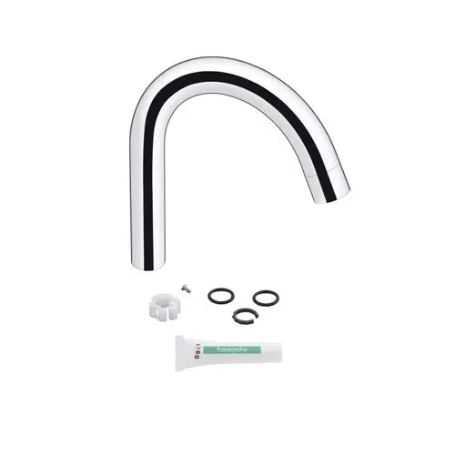 Chromfarbener Wasserhahn von Hansgrohe mit gebogenem Auslauf, mehreren O-Ringen, Befestigungselementen und einem kleinen Tubus, vermutlich Dichtmittel.