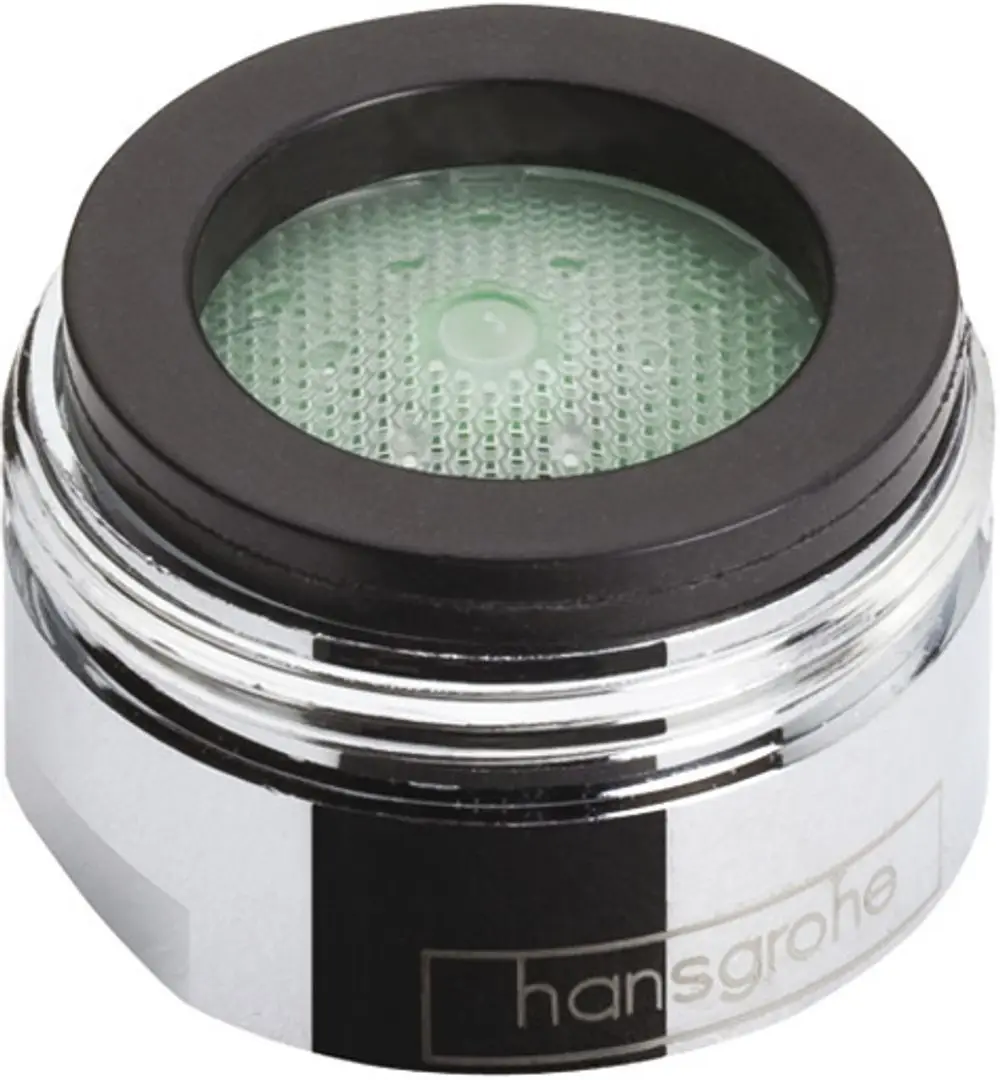 Luftsprudler mit schwarzem Rand und transparentem Oberteil. Sichtbare Struktur im Inneren. Produkt von Hansgrohe, geeignet für die Montage an Wasseranschlüssen.