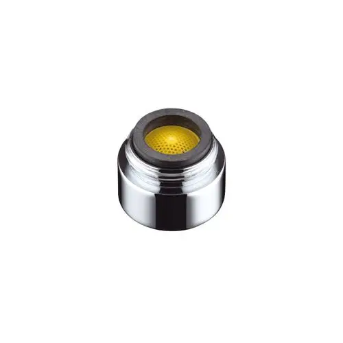 Chromfarbener Luftsprudler von Hansgrohe mit perforierter goldener Innenfläche, geeignet für Waschtischarmaturen, im Wandmodell.