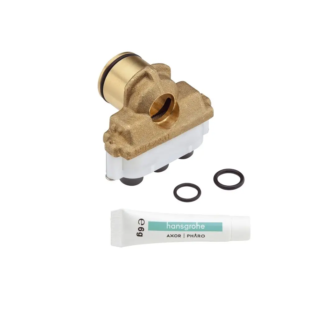 Hansgrohe Auslaufkörper in Bronze mit einer weißen Kunststoffbasis und O-Ringen. Neben dem Auslaufkörper liegt eine Tube mit Schmiermittel.