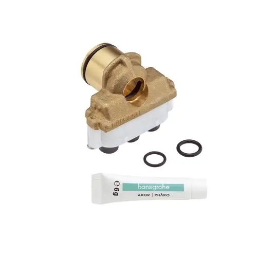 Hansgrohe Auslaufkörper in Bronze mit einer weißen Kunststoffbasis und O-Ringen. Neben dem Auslaufkörper liegt eine Tube mit Schmiermittel.