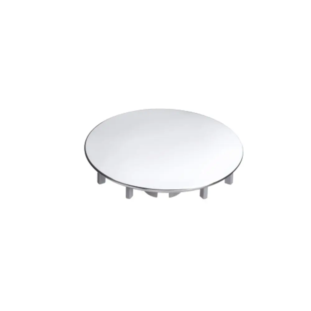 Runder, flacher Abdeckdeckel aus Metall mit mehreren Halterungen, geeignet für Waschtisch-Ablaufventile von Hansgrohe.
