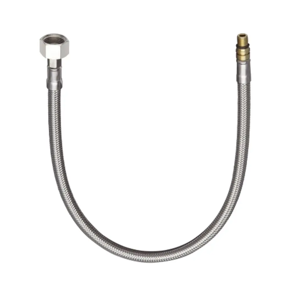 Flexibler Anschlusschlauch mit einem Ende für eine Überwurfmutter und einem anderen Ende mit Anschluss für Hansgrohe Produkte. Das Produkt ist aus Metall und hat eine gewellte Oberfläche.