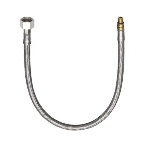 Flexibler Anschlusschlauch mit einem Ende für eine Überwurfmutter und einem anderen Ende mit Anschluss für Hansgrohe Produkte. Das Produkt ist aus Metall und hat eine gewellte Oberfläche.