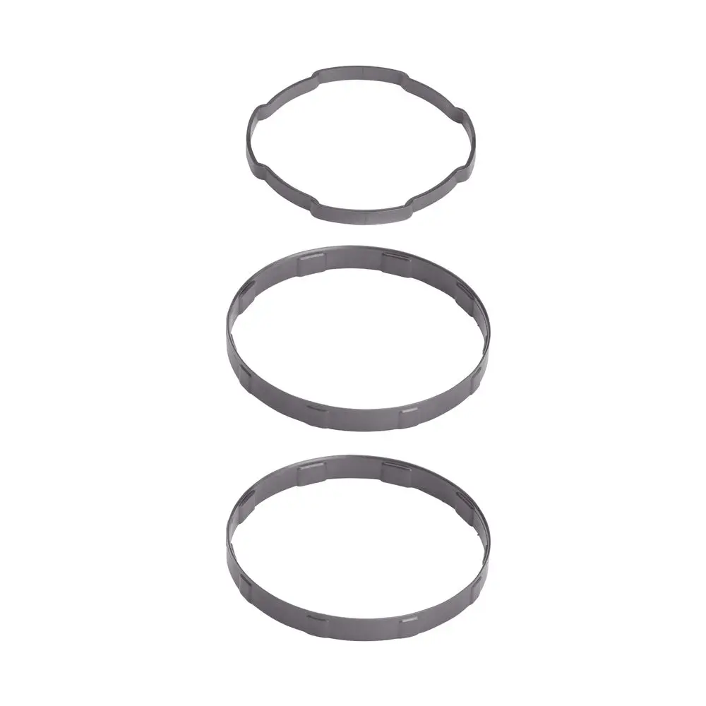 Drei graue Gleitringe in verschiedenen Größen, die typischerweise für Armaturen verwendet werden. Design kann mit Produkten der Marke Hansgrohe kompatibel sein.