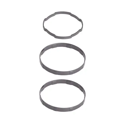 Drei graue Gleitringe in verschiedenen Größen, die typischerweise für Armaturen verwendet werden. Design kann mit Produkten der Marke Hansgrohe kompatibel sein.