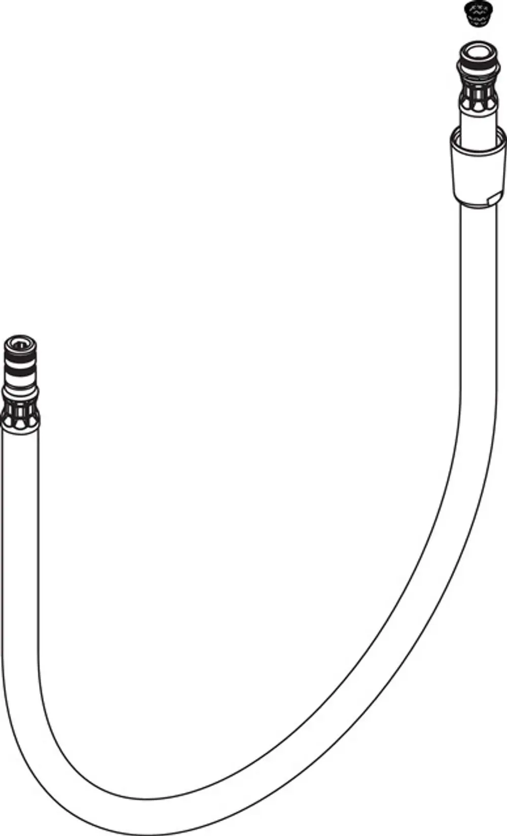 Brauseschlauch mit zwei Anschlüssen für einen Spültischmischer. Geeignet für Hansgrohe-Produkte. Bild zeigt geschwungene Form und integrierte Dichtungen.