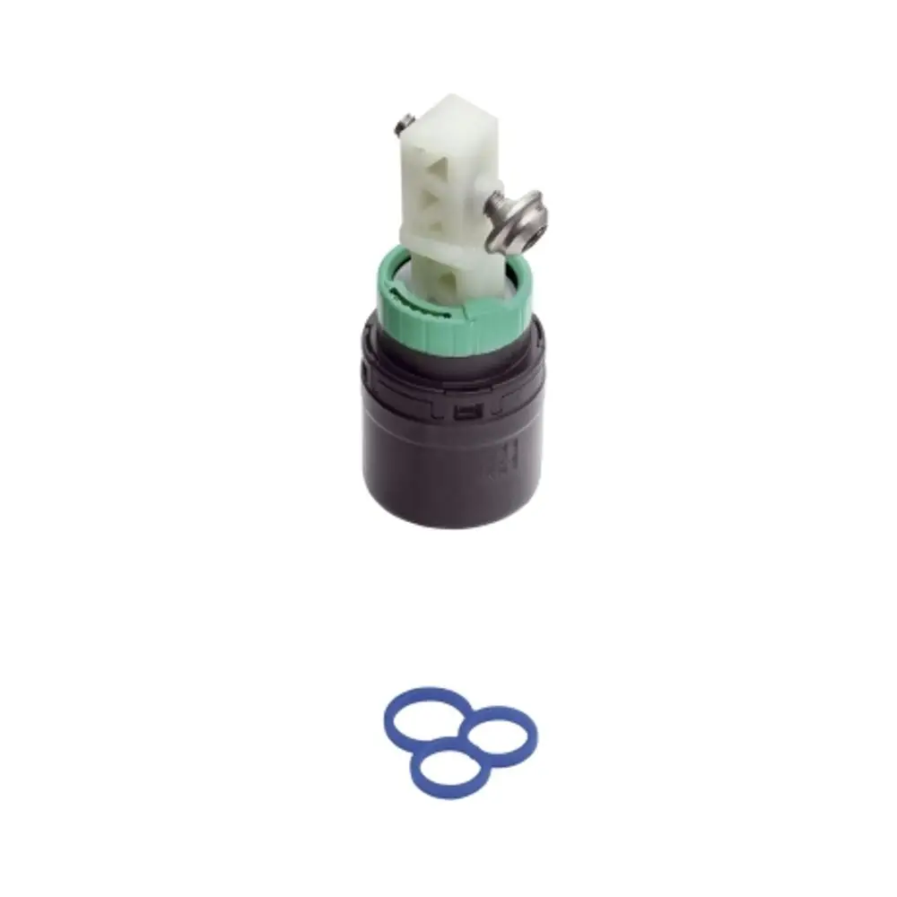 Hansgrohe Kartusche in schwarzem Gehäuse mit grünem Teil und Zubehör in Form von blauen Dichtungsringen.