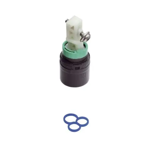 Hansgrohe Kartusche in schwarzem Gehäuse mit grünem Teil und Zubehör in Form von blauen Dichtungsringen.