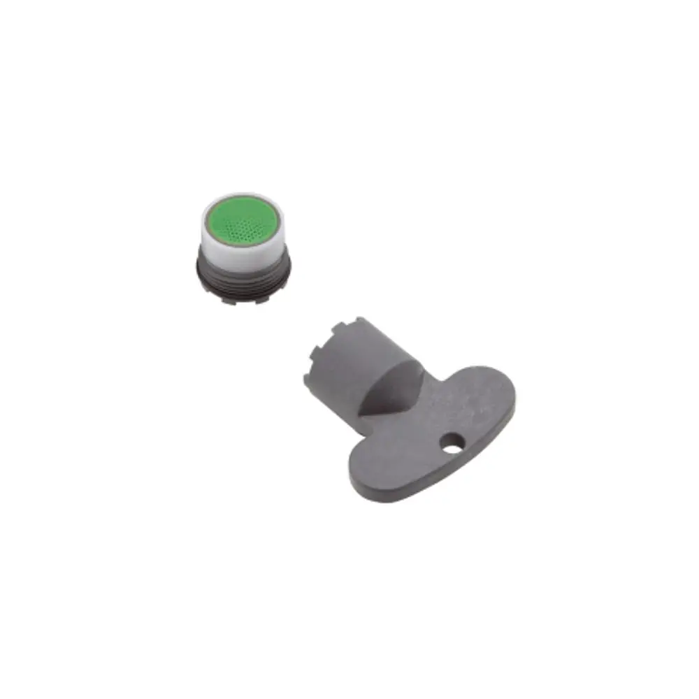 Hansgrohe Luftsprudler in grauem Kunststoff mit einem abnehmbaren, grünen Einsatz. Der obere Teil hat eine ovale Form und eine Aussparung.