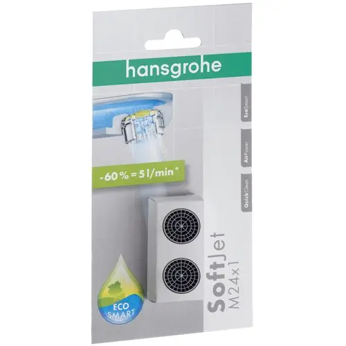 Verpackung mit einem Hansgrohe Produkt zur Wasserregulierung. Abbildung zeigt ein zwei-augen Luftsprudler-System, das den Wasserfluss reduziert und umweltfreundlich ist.