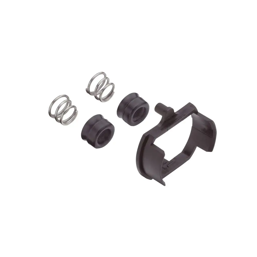 Zwei Federn und zwei gummierte Dichtungen in Schwarz sowie eine Halterung aus Kunststoff, geeignet für Hansgrohe Produkte.
