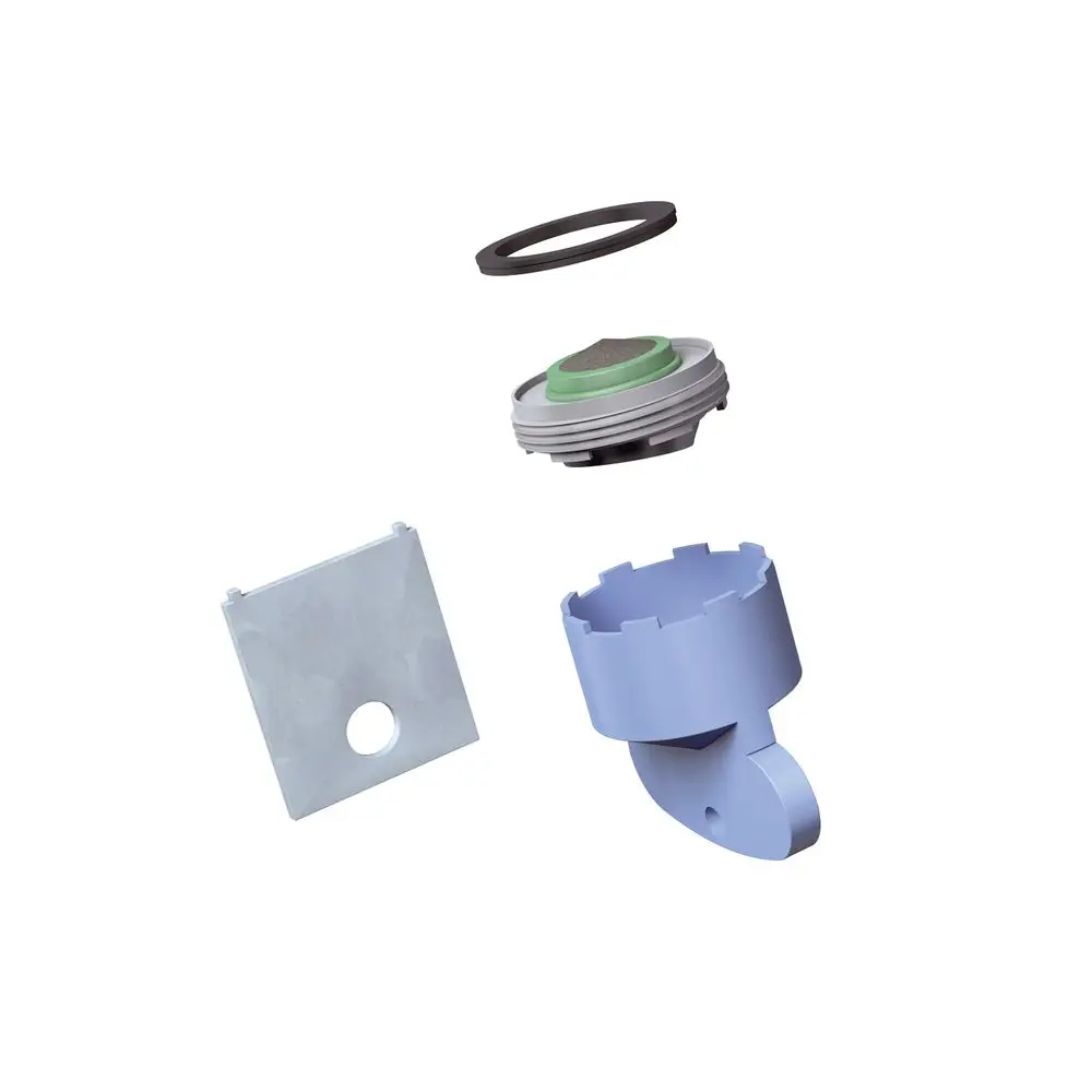 Eingebaute Komponenten eines Luftsprudlers, bestehend aus mehreren Teilen in unterschiedlichen Farben, darunter ein grüner Einsatz und ein blauer Halter. Hansgrohe-Produkt.