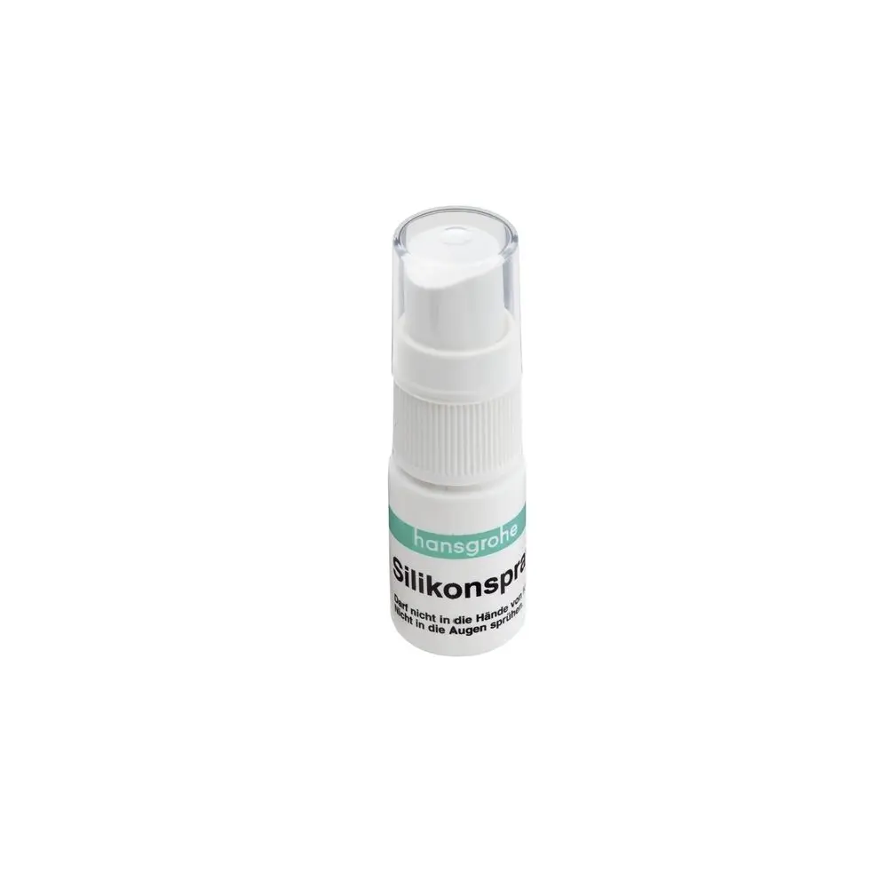 Weißes Spray-Fläschchen mit Pumpkopf und schwarzer Beschriftung auf der Vorderseite. Marke: Hansgrohe. Anwendungshinweis: Nicht in die Hände oder Augen sprühen.