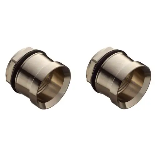 Zwei metallische Adapter mit Gummidichtung, verwendet für den Anschluss von Sanitäranlagen. Produkt von Hansgrohe zur Verbindung von Rohrleitungen.