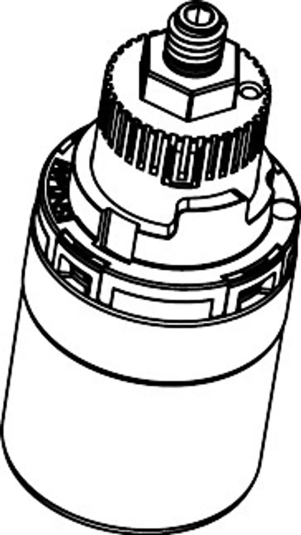 Hansgrohe Mischerkartusche in einer schematischen Darstellung, mit einem zylindrischen Körper und Gewindeanschluss, geeignet für Anwendungen im Sanitärbereich.