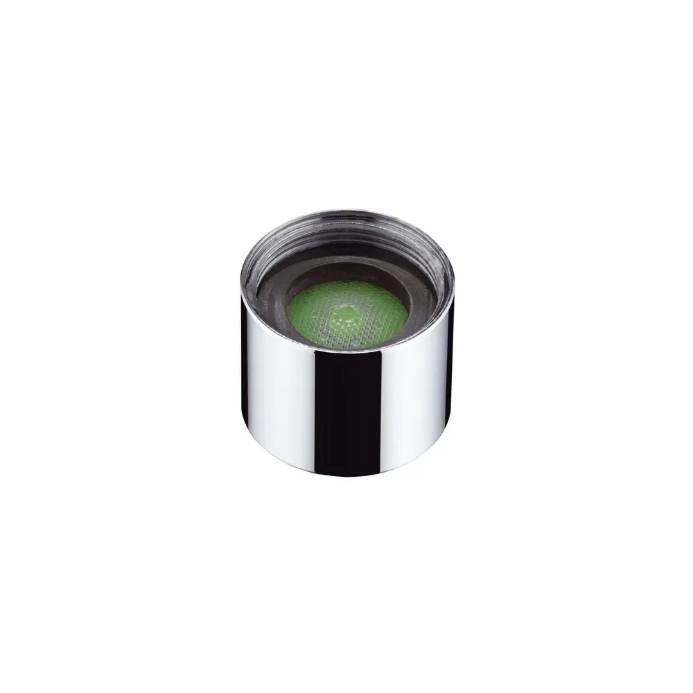Luftsprudler von Hansgrohe in silberner Ausführung mit grünem Innenleben. Das Produkt hat eine runde Form und eine glatte Oberfläche. Ideal zur Verbesserung des Wasserflusses.