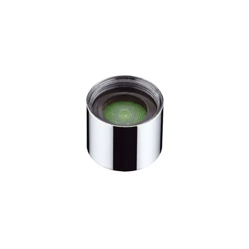 Luftsprudler von Hansgrohe in silberner Ausführung mit grünem Innenleben. Das Produkt hat eine runde Form und eine glatte Oberfläche. Ideal zur Verbesserung des Wasserflusses.