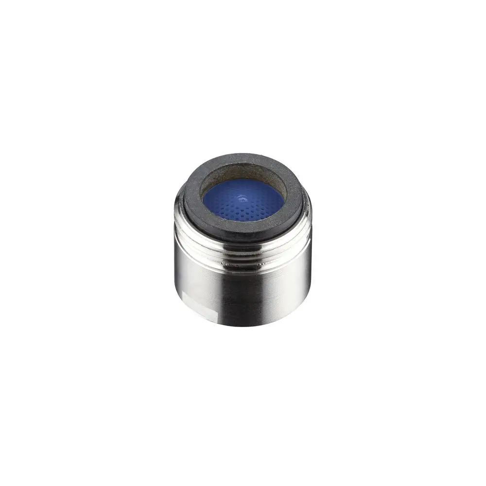 Luftsprudler mit metallischer Oberfläche und blauer Sprudeldüse von Hansgrohe, geeignet für eine Effizienzsteigerung des Wasserflusses.