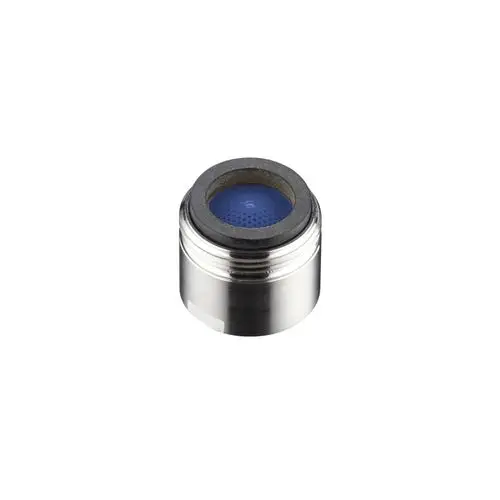 Luftsprudler mit metallischer Oberfläche und blauer Sprudeldüse von Hansgrohe, geeignet für eine Effizienzsteigerung des Wasserflusses.