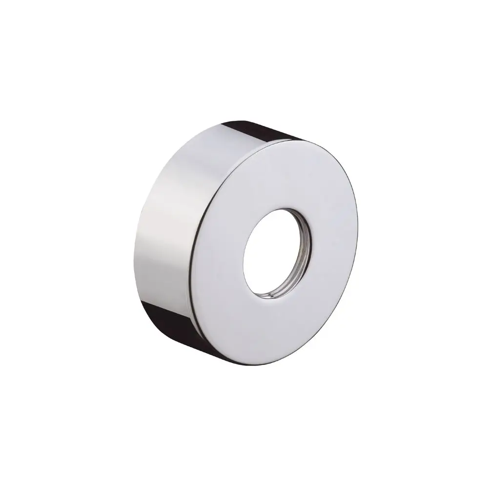 Chromfarbene Wandrosette von Hansgrohe mit kreisförmigem Design und mittigem Loch. Eignet sich zur Wandmontage und ist Teil eines Sanitärsystems.