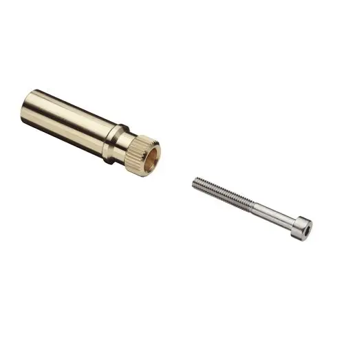 HG Griffadapter von Hansgrohe, bestehend aus einem Metallzylinder mit Rändelgriff und einer dazugehörigen Schraube, die für die Befestigung verwendet wird.