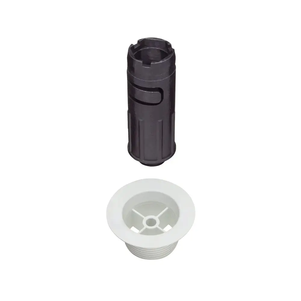 Schwarzes Ventil mit Innengewinde und einem weißen Unterteil. Hersteller ist Hansgrohe. Das Produkt scheint für den Wasseranschluss konzipiert zu sein.