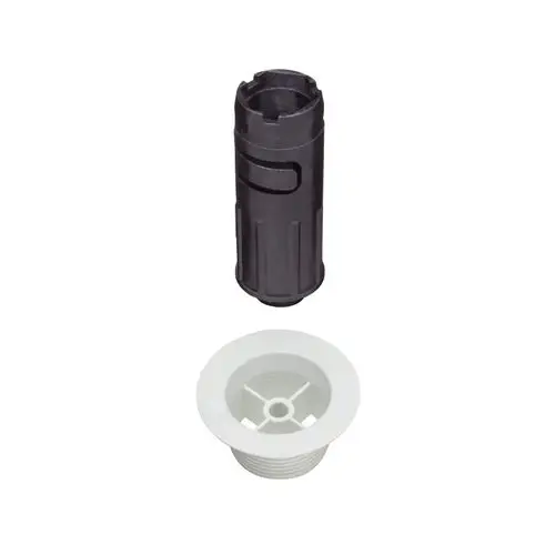 Schwarzes Ventil mit Innengewinde und einem weißen Unterteil. Hersteller ist Hansgrohe. Das Produkt scheint für den Wasseranschluss konzipiert zu sein.