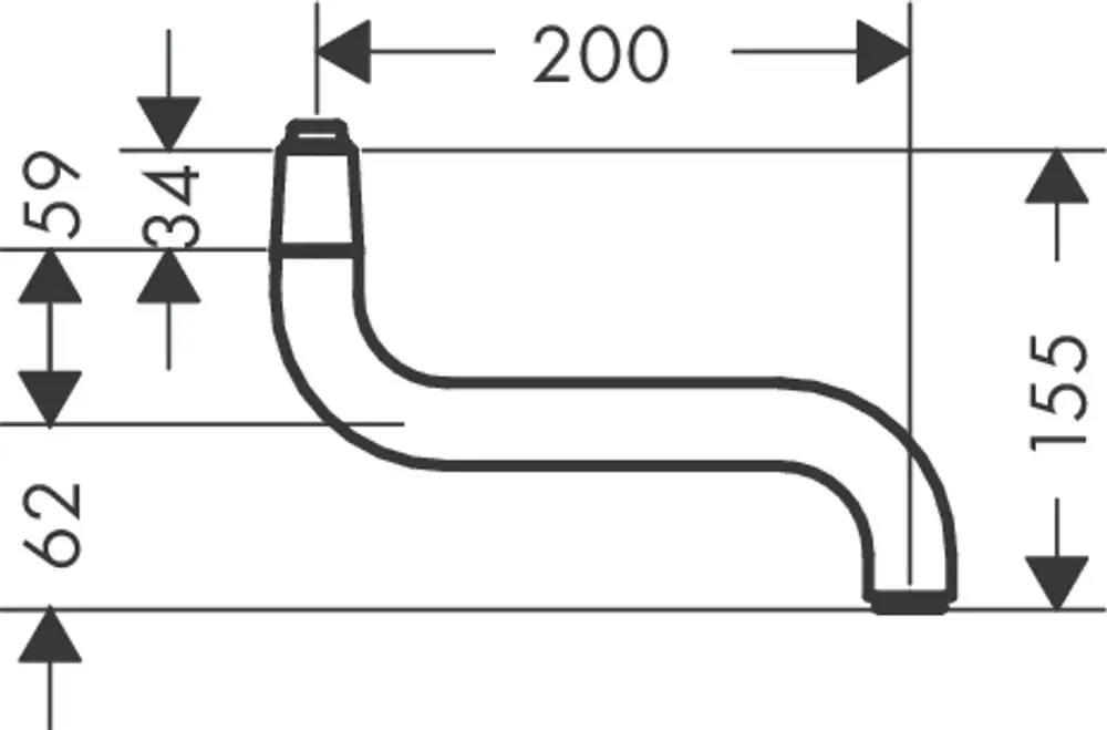 Wandmontierter Küchenauslauf von Hansgrohe, in chromfarbener Ausführung. Die Darstellung zeigt die Form und Dimensionen des Produkts.
