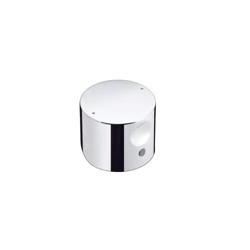 Runder, glänzender Wasserhahn mit zwei farbigen Punkten und einem Bedienknopf. Das Produkt stammt von Hansgrohe.