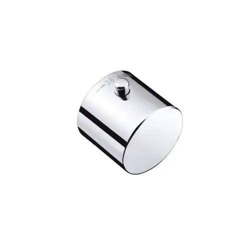 Chromfarbener Thermostatgriff von Hansgrohe, rund mit einem zentralen Knopf zur Temperatureinstellung, schlichtes Design ohne weitere Verzierungen.