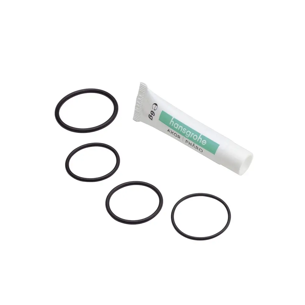Dichtungsset mit schwarzen Gummis und einer Tube von Hansgrohe, verwendet für die Installation oder Wartung von Sanitäranlagen.