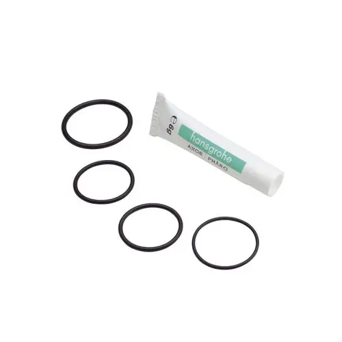 Dichtungsset mit schwarzen Gummis und einer Tube von Hansgrohe, verwendet für die Installation oder Wartung von Sanitäranlagen.