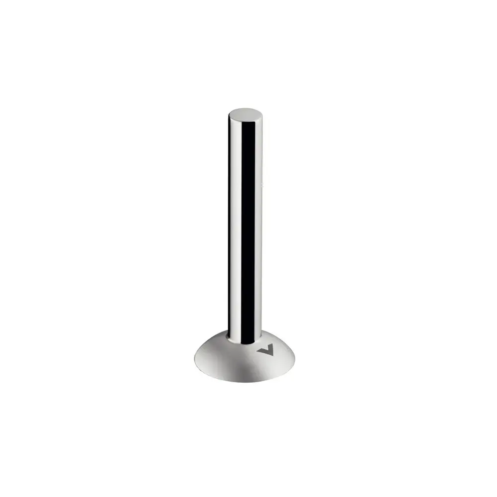 Hochglänzender, runder Griff aus Metall mit einem senkrechten, geraden Design. Der Standfuß ist flach und hat eine V-förmige Kennzeichnung. Von der Marke Hansgrohe.