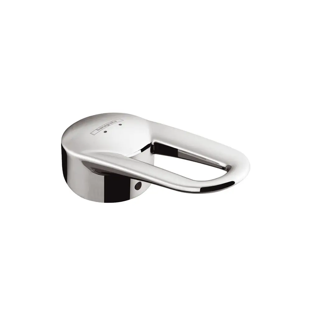 Chromfarbener Griff von Hansgrohe mit einer ergonomischen Form für einen Spültischmischer. Das Design zeigt eine glatte, glänzende Oberfläche ohne sichtbare Markeninsignien.